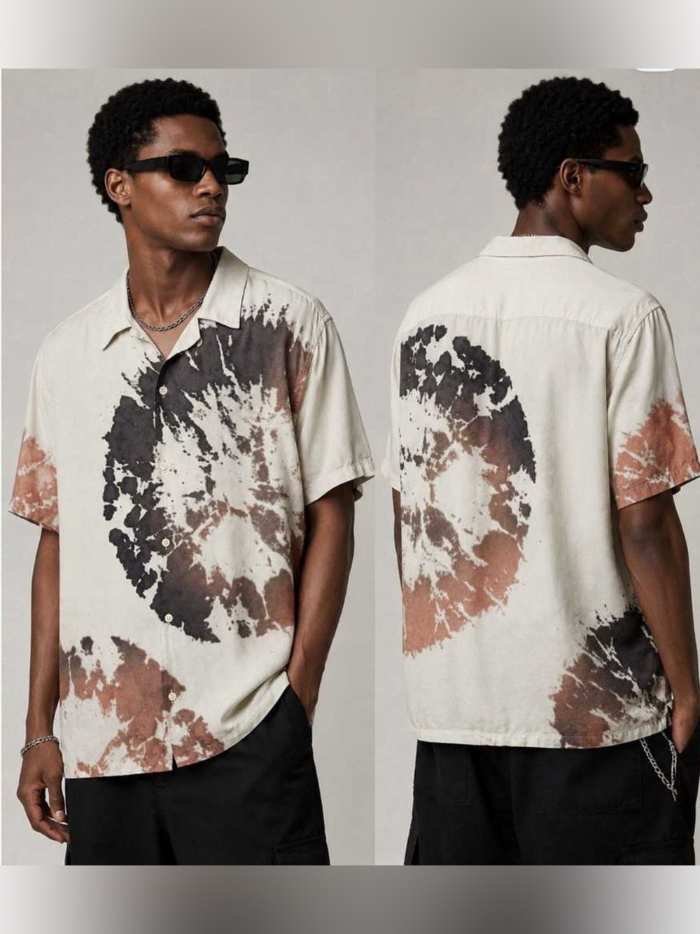 AllSaints Short-Sleeve Tie-Dye Button-Down Shirt - Cream, Brown, Black